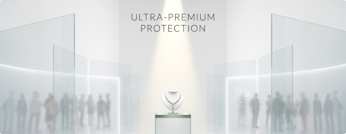 A necklace displayed on a pedestal in a modern showroom with blurred silhouettes of people
